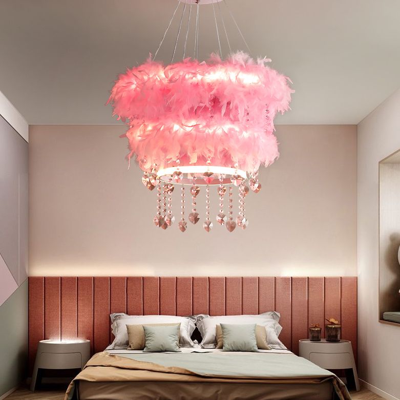 Tapered Feather Chandelier Pendant Nordic LED Hanging Light Fixture with Crystal Decor for Dining Room