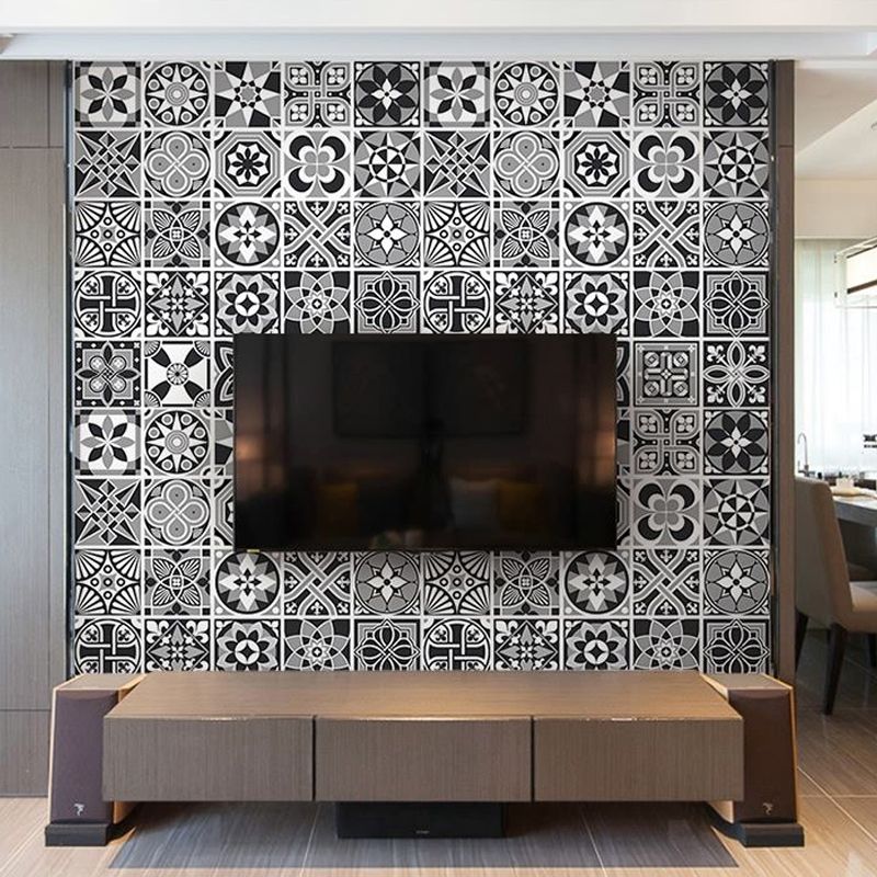 Mediterranean Petal Tiles Wallpaper Roll PVC Self Sticking Grey Wall Covering for Bathroom