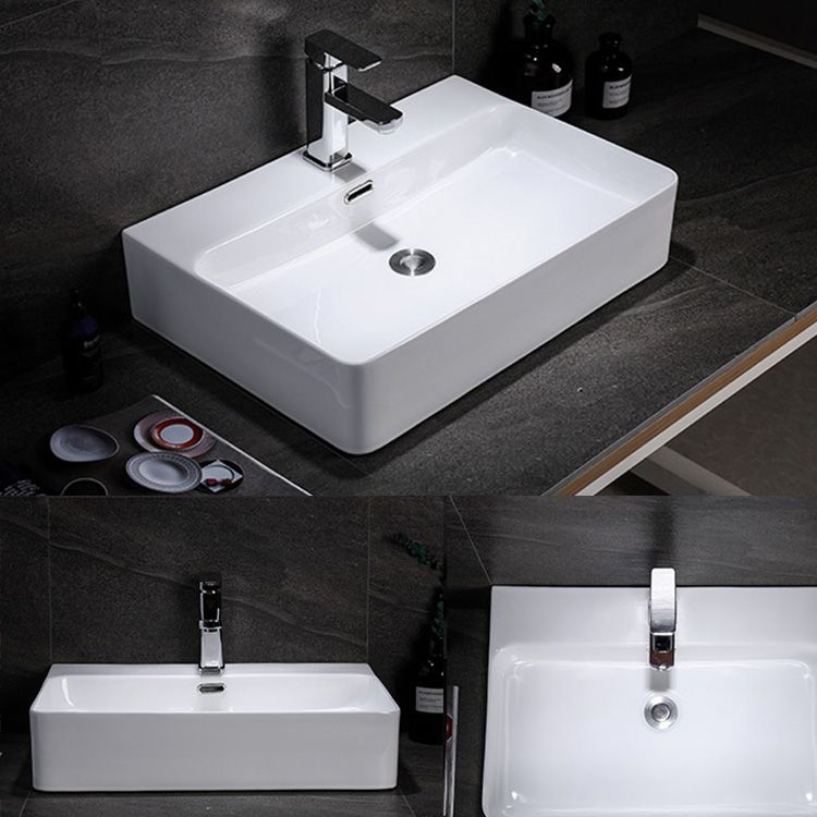 Contemporary Vessel Bathroom Sink Rectangular White Ceramic Overflow Drain Assembly Sink