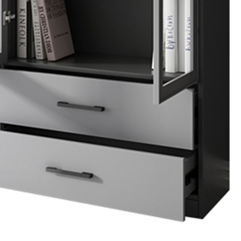 Faux Wood Modern Storage Cabinet Glass Doors Display Cabinet with Drawer for Living Room