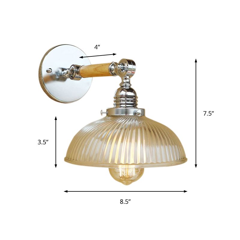 Domed Living Room Wall Light Fixture Antique Stylish Ribbed Glass 1 Light Clear Sconce Lamp for Corridor, 8"/4"/6" L Wooden Arm