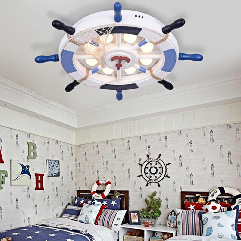 LED Indoor Ceiling Flush Mount Nautical Style Blue Flush Pendant Light with Rudder Wood Shade