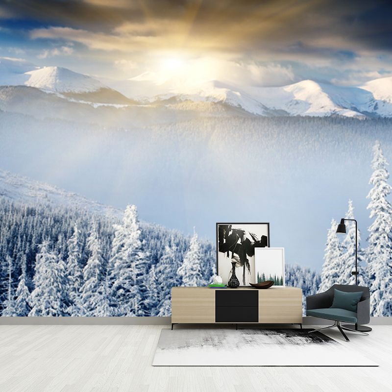 Morning Snowy Landscape Wall Mural Decal White Contemporary Wall Art for Bedroom