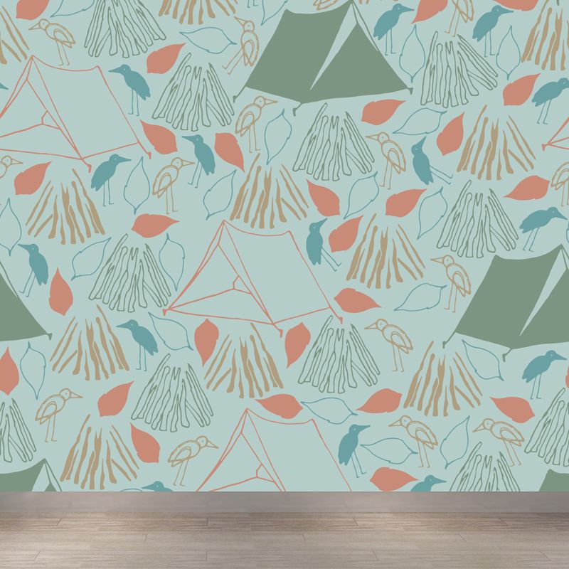 Kids Camping Patterned Mural Decal Soft Color Waterproofing Wall Art for Bedroom