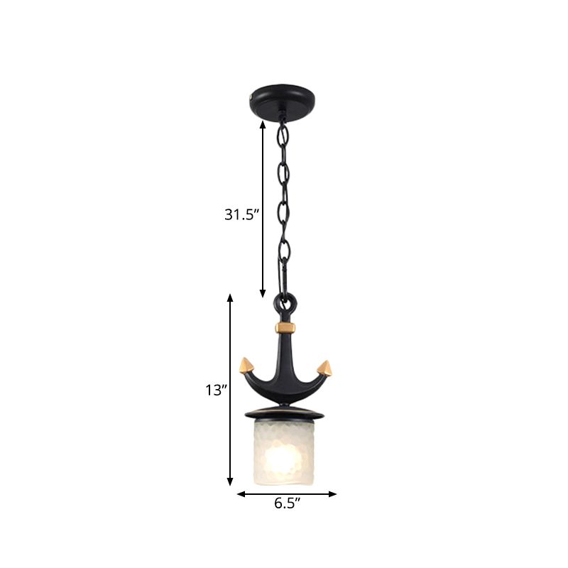 Bell/Cylinder Drop Pendant Mediterranean Cream Glass 1 Head Black Ceiling Light with Anchor Design, Small/Large