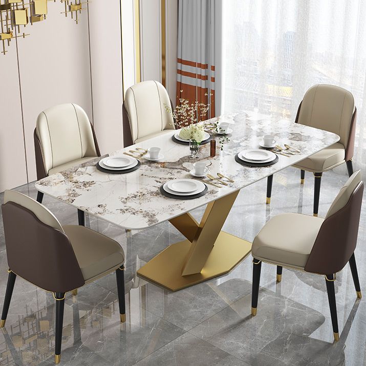 Mesa de lujo tradicional de metal, mesa interior rectangular de piedra sinterizada con pedestal
