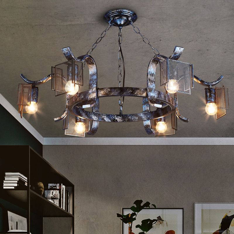 Fer Ring Hanging Light avec écran en mailles six têtes pendantes rustiques Lumière en noir antique pour bar