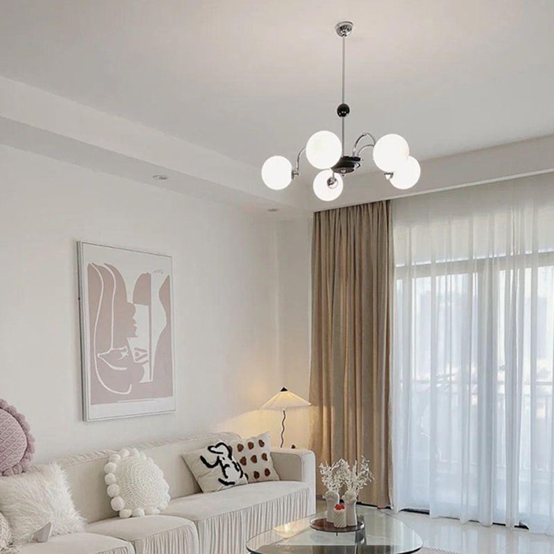 White Glass Suspension Light Modern Style Globe Shape Metal Chandelier Lighting