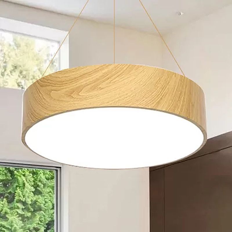 Einfachheit LED -Suspensionsbeleuchtung mit Trommelholz Schatten Beige hängende Lampe, 16 "/19.5"/23,5 "breit