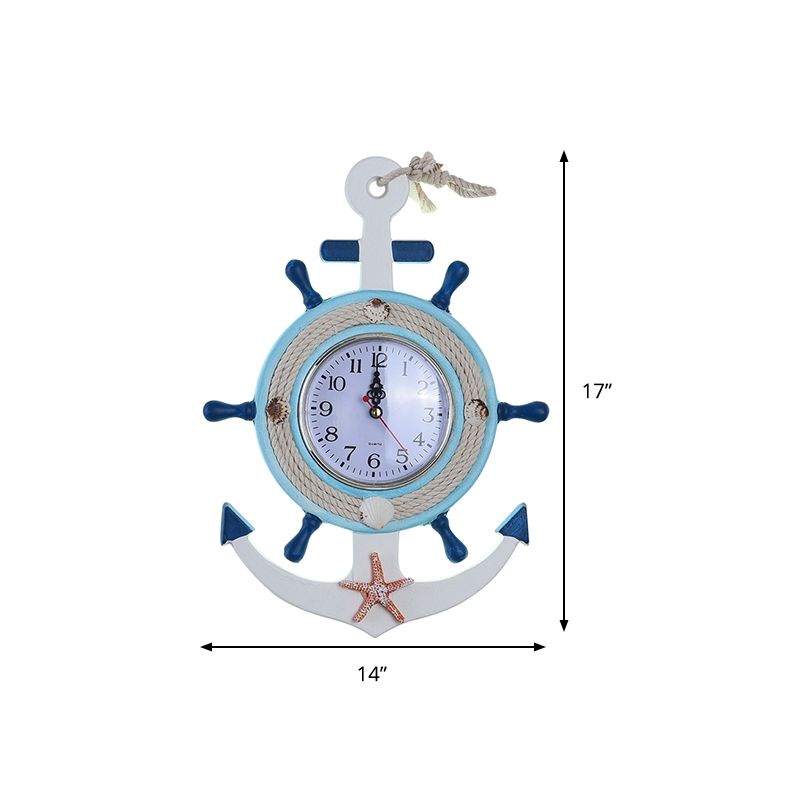 Child Bedroom Anchor Rudder Wall Light with Clock Wood Nautical Stylish Blue Wall Lamp