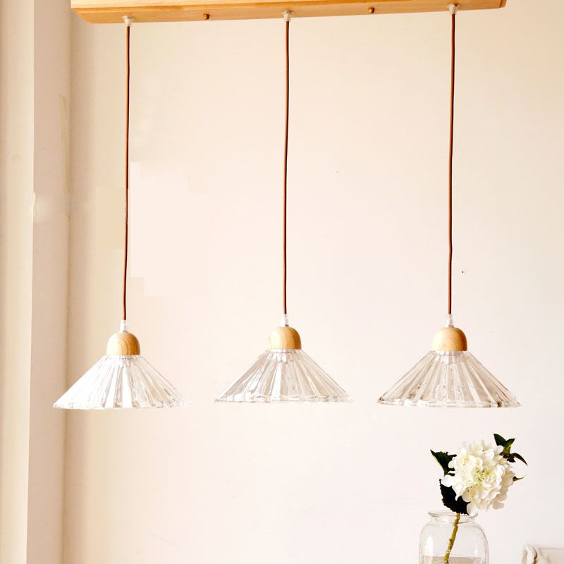 Modern beknopte kegel hanger licht houten hanglamp met 3 lichten met glazen schaduw