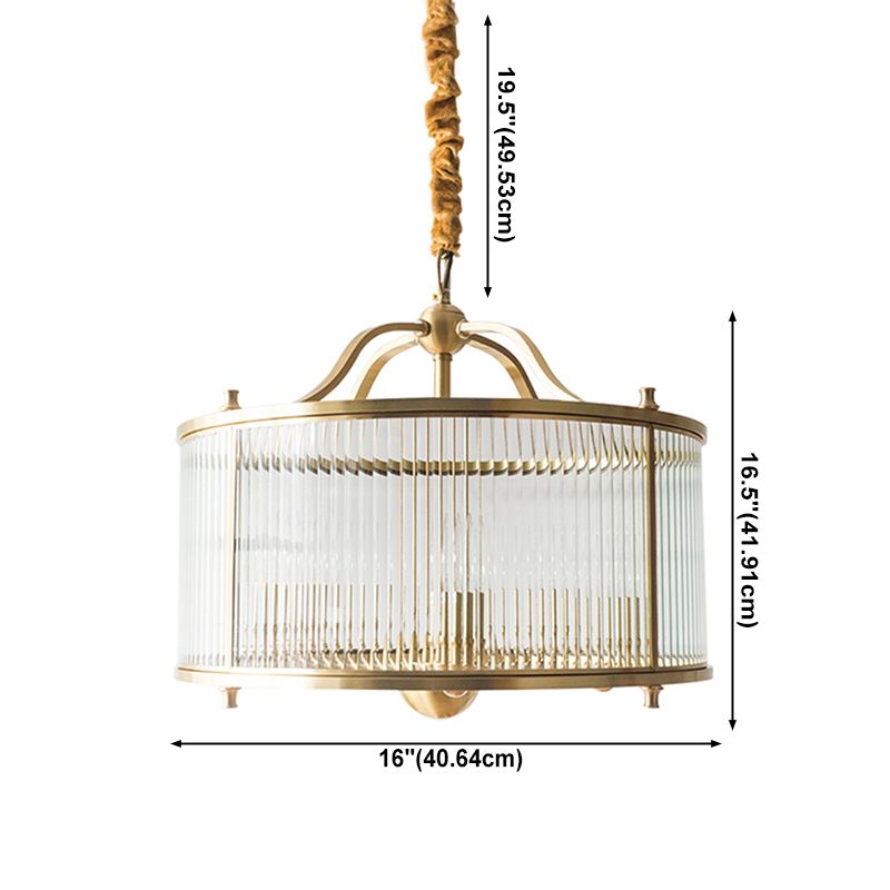 Copper Chandelier Light Fixtures American Style Multi-Head Drum Suspension Lamps with Glass Shade