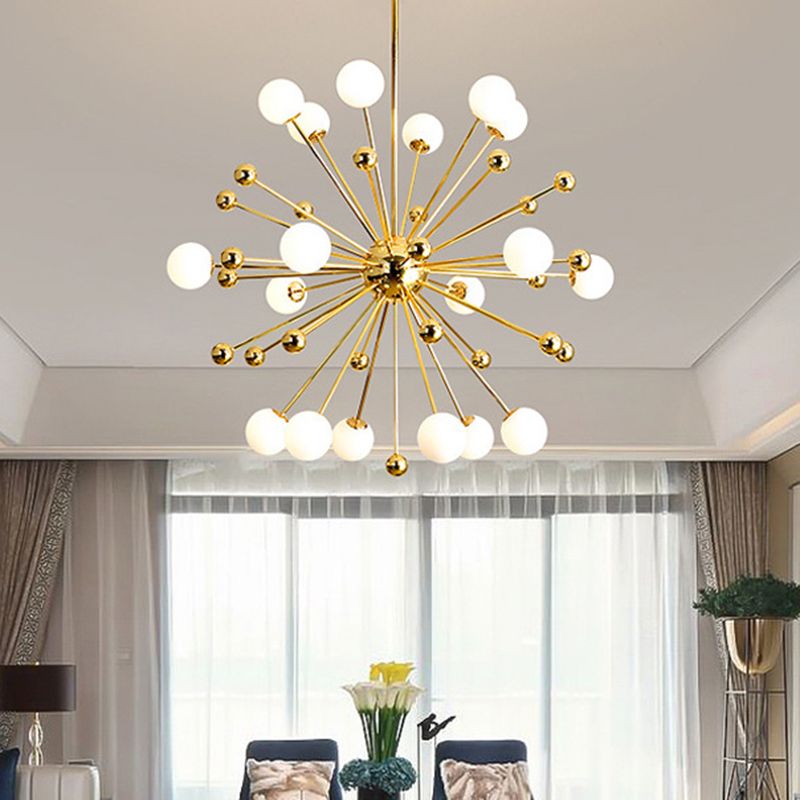 Designer Starburst Metal Chandelier Multi Lights Gold Ceiling Pendant Lamp with White Glass Ball Shade, 23.5"/31.5"/39" Wide