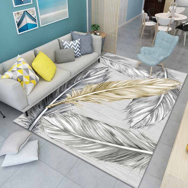 Blue Modern Area Carpet Feather Pattern Polyester Area Rug Non-Slip Backing Rug for Living Room