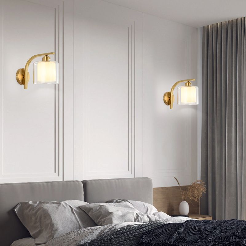 Modern Style Cylinder Shape Wall Light Glass 1 Light Sconces in Gold for Bedroom