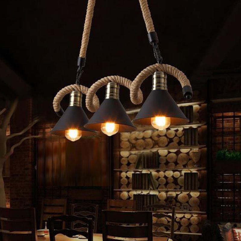 Black Conical Island Lighting Industrial Hemp Rope 3-Head Dining Room Pendant Lamp