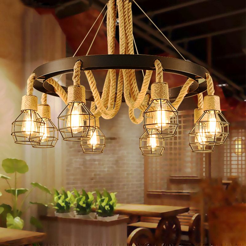 Rope Circular Pendant Light Fixtures Industrial Bar Hanging Chandelier Light