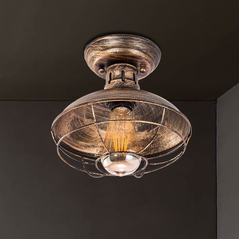 Barn Shade Kitchen Semi Mount Light Wrought Iron 1 Head Ceiling Flush Mount with Wire Guard in Antique Bronze/Bronze