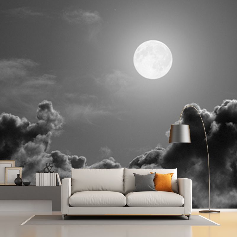 Grey-Black Modern Wallpaper Mural Huge Full Moon Above Cloud Sea Wall Covering for Home