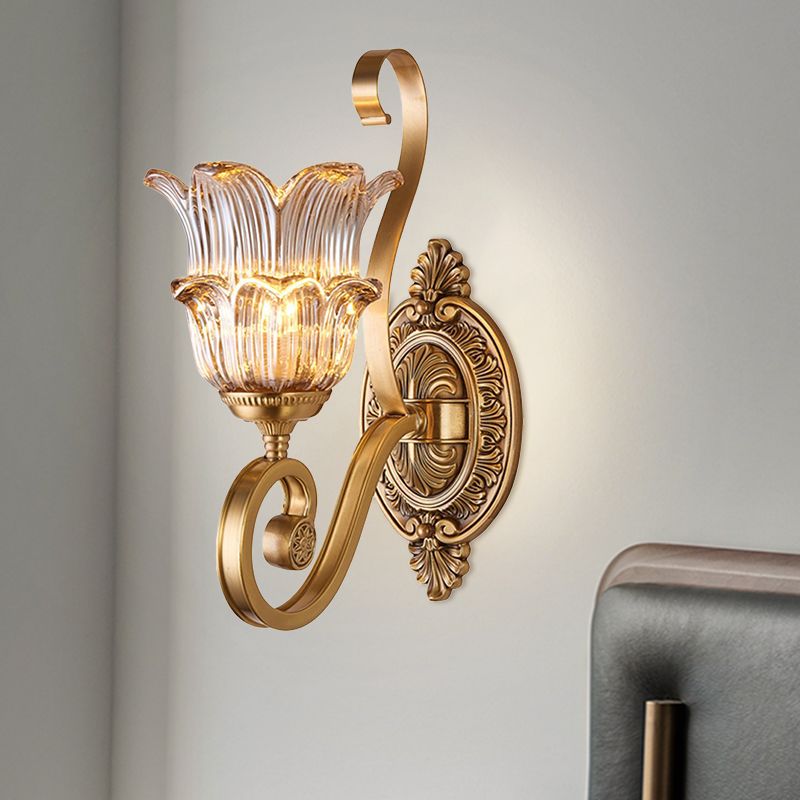Brass 1/2-Bulb Wall Lighting Fixture Countryside Crystal Glass Flower Wall Light Sconce with Swooping Arm