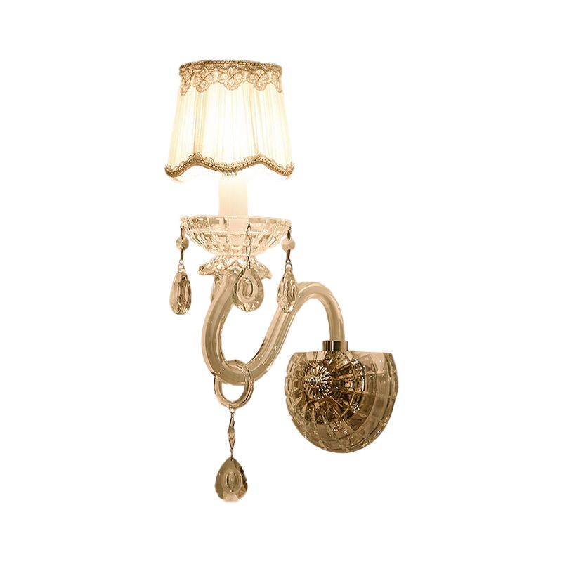 1/2-Light Candle Wall Lamp Traditional White Finish Clear Crystal Wall Light with Scalloped Barrel Pleated Fabric Shade