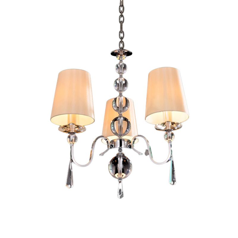 Conic Fabric Hanging Chandelier Modernist 3 Heads Restaurant Down Lighting with Gourd Crystal Decor in Chrome