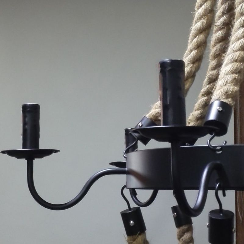 Loft Style Candelabrum Chandelier 8 Bulbs Hemp Rope Hanging Lamp in Black for Living Room