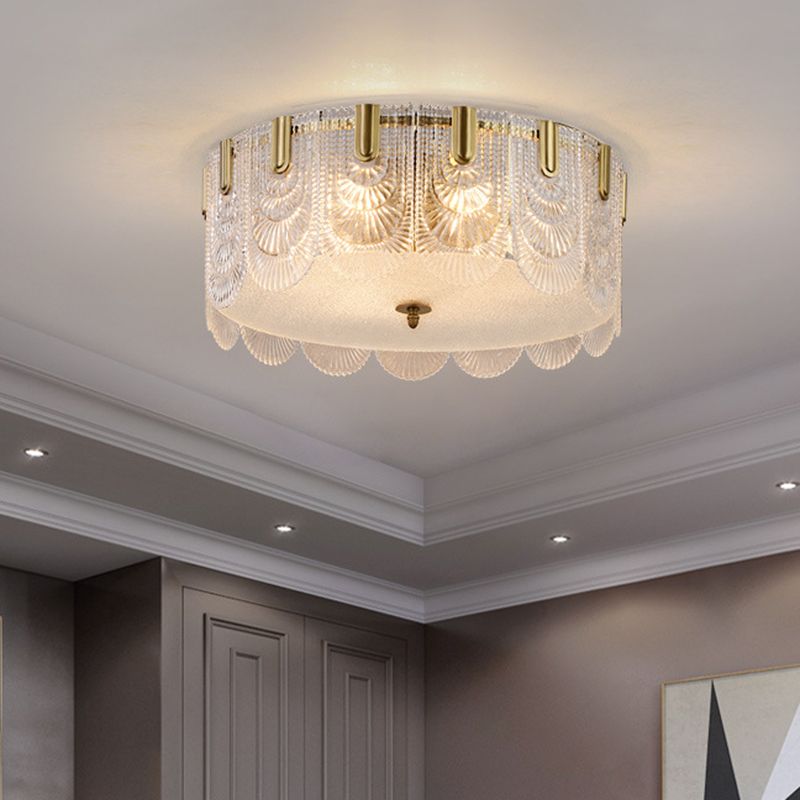 Traditionalist Drum Flushmount Lighting Prismatic Glass 6 Heads Bedroom Ceiling Mounted Fixture in Brass