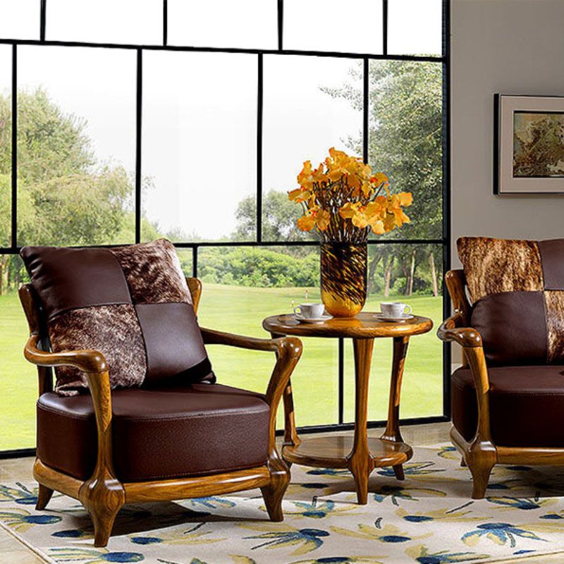 Solid Wood Frame Dining Arm Chair Leather Upholstered Arm Chair