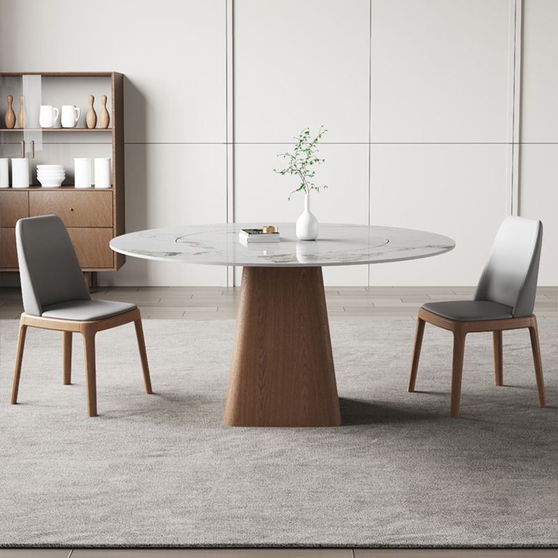 Modern Stone White Dining Table Round Furniture with Solid Wood Pedestal Base