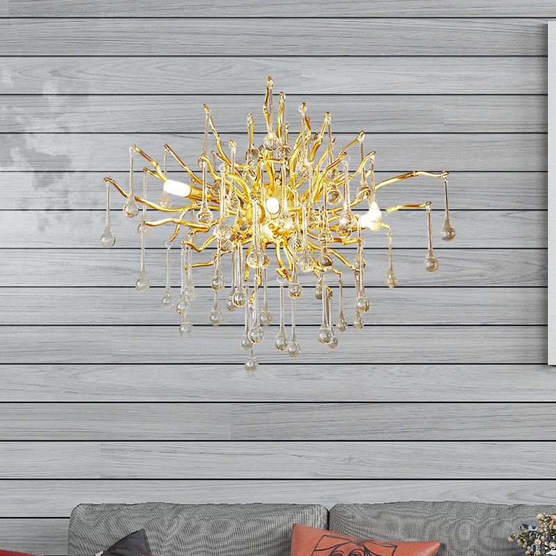 Starburst Wall Mount Light Art Deco Clear/Smoke Gray/Multicolor Waterdrop Crystal 3 Heads Gold Sconce Light Fixture