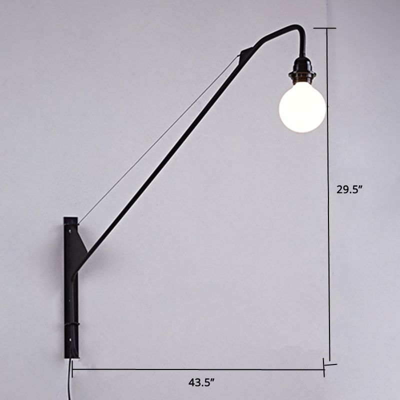 1 Bulb Fishing Rod Wall Lamp Fixture Industrial Black Metal Sconce Light with Open Bulb Design