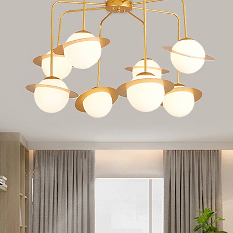 Lámpara de araña radial de metal contemporánea 8 luces de oro/cromo led colgante lámpara de techo accesorio con tono de globo de vidrio blanco