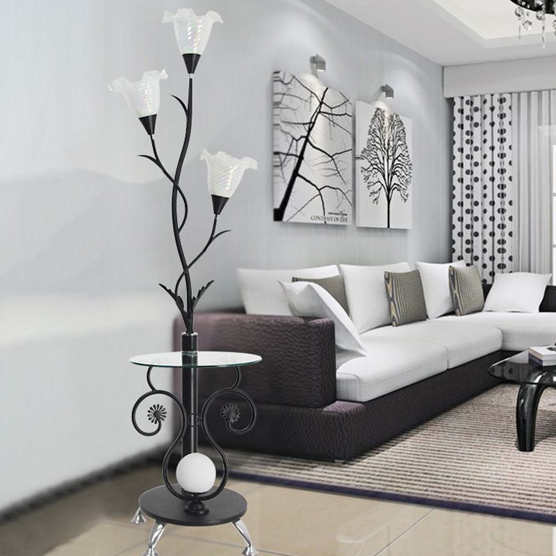 3 lichten gefacetteerd glazen vloerlicht landschap zwart/witte bloemen schaduw woonkamer staande vloerlamp