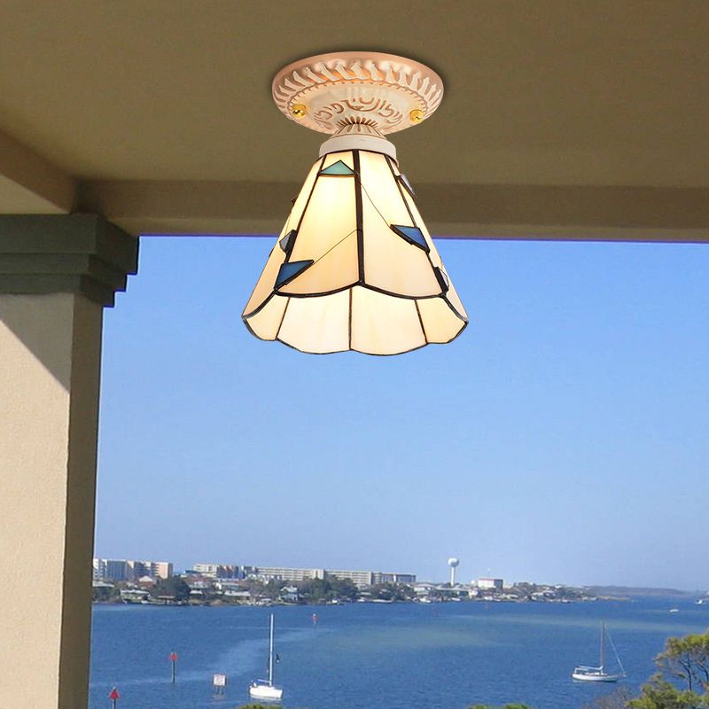 Tiffany Style Bell Shade Semi Flush Single-Bulb Handcrafted Art Glass Flush Ceiling Light Fixture