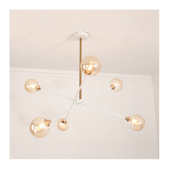 Contemporary White Arm Chandelier Line Metallic Amber//Clear/Silver/Smoke Grey/White Suspension Light with Spherical Shade for Study Room