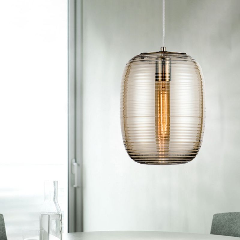Simple Cylindrical Hanging Light Cognac Wavy Glass Single Dining Room Drop Pendant