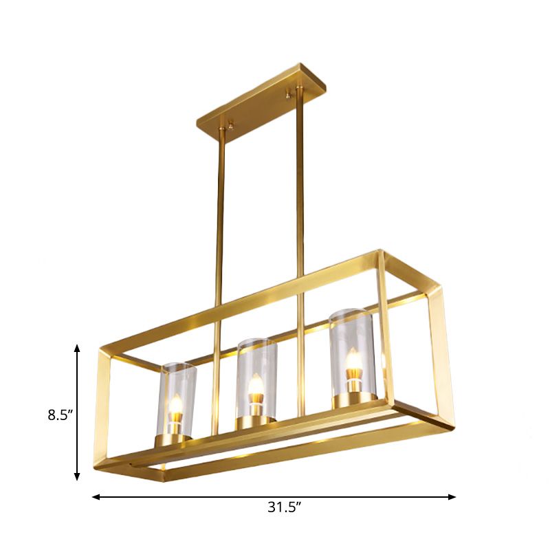 Classic Rectangle Hanging Pendant Light 3/4/5 Lights Clear Glass Island Lighting in Gold for Dining Room