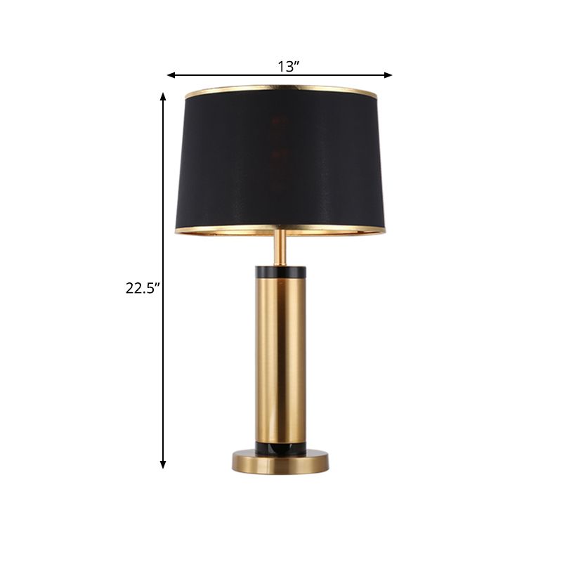 Metallic Tube Desk Light Modernism 1-Light Gold Finish Night Table Lamp with Drum Black Fabric Shade