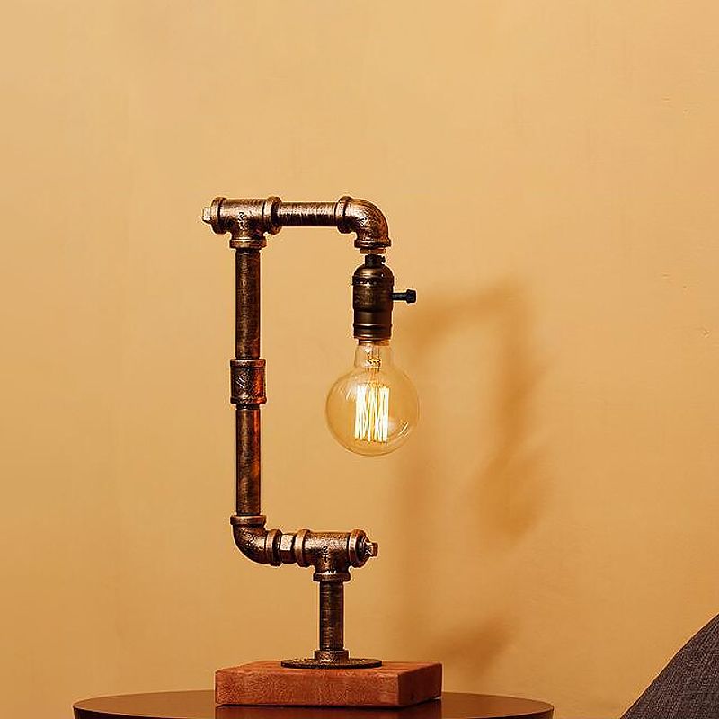 Lampe à table à tuyaux en fer forgé rustique élégant 1 Éclairage de table à chambre claire légère avec ampoule ouverte en bronze