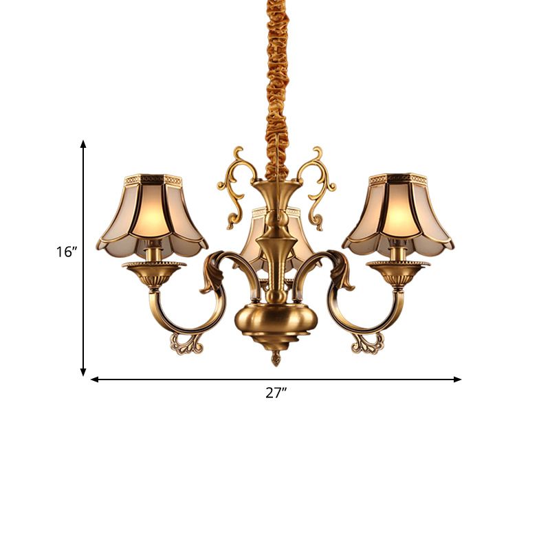 Frosted Glass Gold Pendant Chandelier Scalloped 3/5/6 Bulbs Colonial Suspended Lighting Fixture with Radial Design