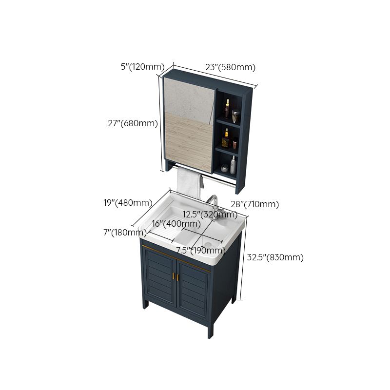 Blue Bath Vanity Single Sink Freestanding Metal Frame Mirror Vanity with Soft Close Doors