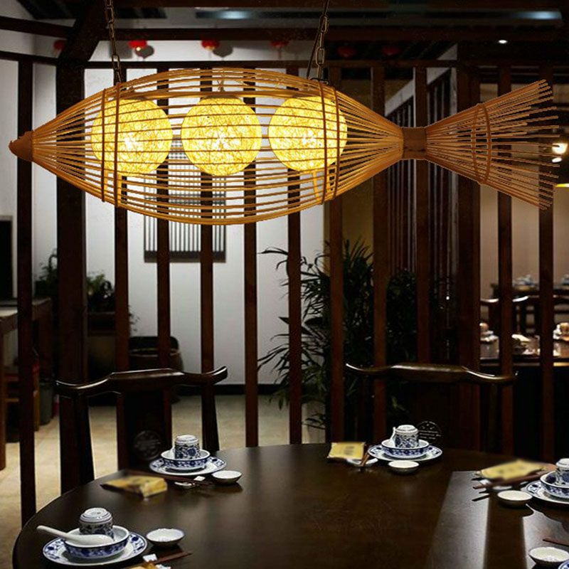 Handwoven Fish Asian Style Suspension Light Bamboo Restaurant Chandelier Light in Wood