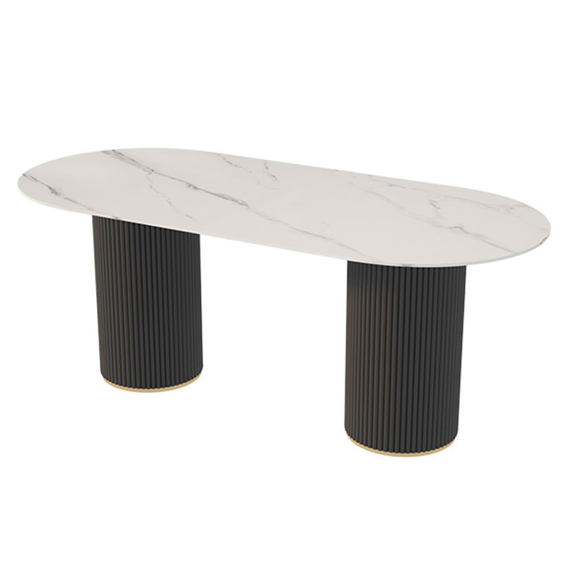 Moderne witte tafel van gesinterd steenblad voor restaurant Ovale tafel met dubbele voetstukbasis