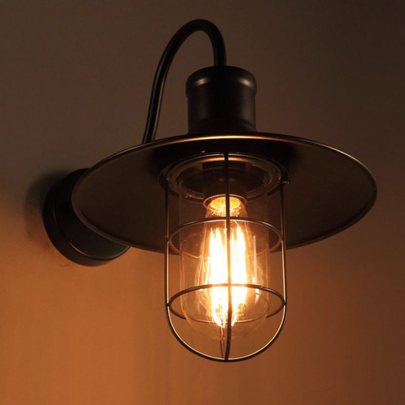 Black Conical Wall Lamp Industrial Metal 1 Head Corridor Gooseneck Wall Sconce with Cage