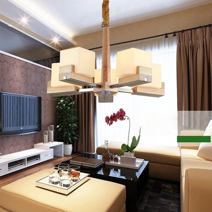 Wooden Sputnik Pendant Light in Modern Minimalist Style Frosted Glass Hanging Lamp for Dining Room