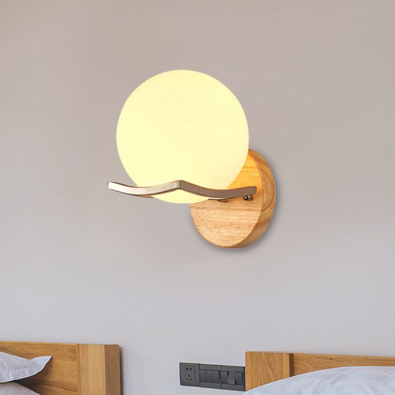 Globe Bedroom Wall Light Fixture Nordic Opal Glass Single Light Wood Sconce Lamp
