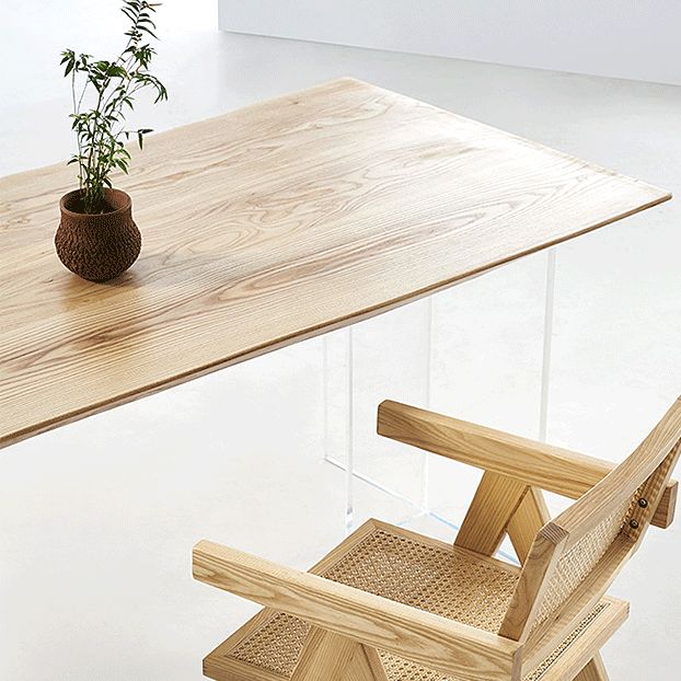 Natural Ash Wood Dining Table Rectangle Clear Acrylic Double Pedestal Table