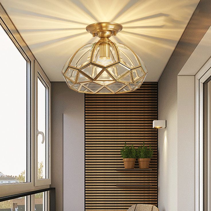 Plafonnier d'intérieur en cuivre à montage encastré de style colonial avec abat-jour en verre pur