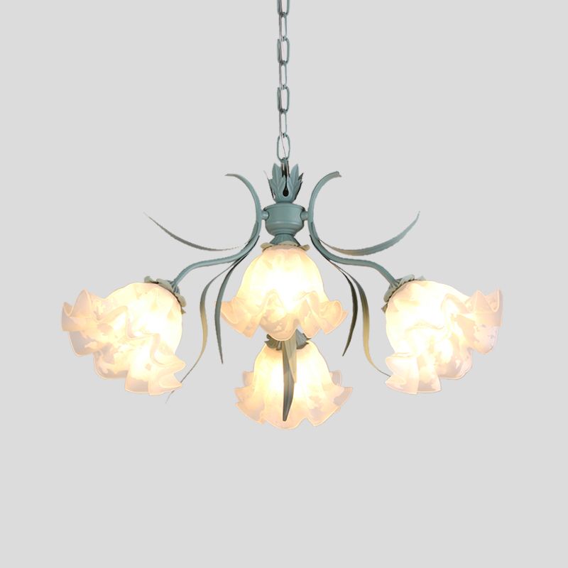 White Glass Green Hanging Chandelier Bloom 4/6/9 Lights Countryside Down Lighting Pendant for Living Room
